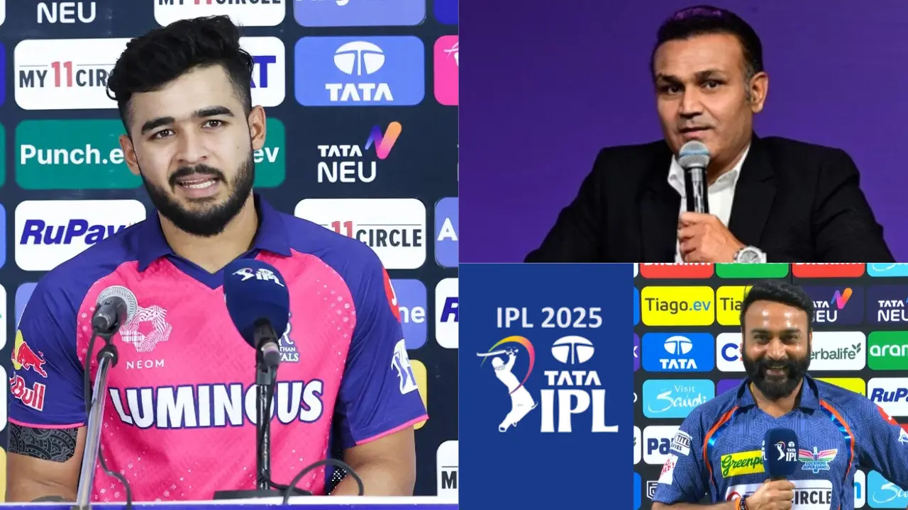 "RCB से हार के बाद रियान पराग के बयान पर अमित मिश्रा और वीरेंद्र सहवाग की तीखी प्रतिक्रिया को दर्शाती छवि"